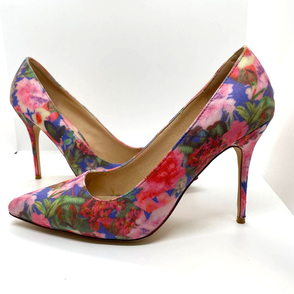 Liliana Pink Blue Jane Floral Closed Pointed Toe Heel Stiletto Size 9 - Picture 5 of 12
